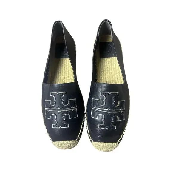 Tory Burch Espadrille Flats Black Leather Logo Size 8.5 Casual Slip On - Picture 1 of 6